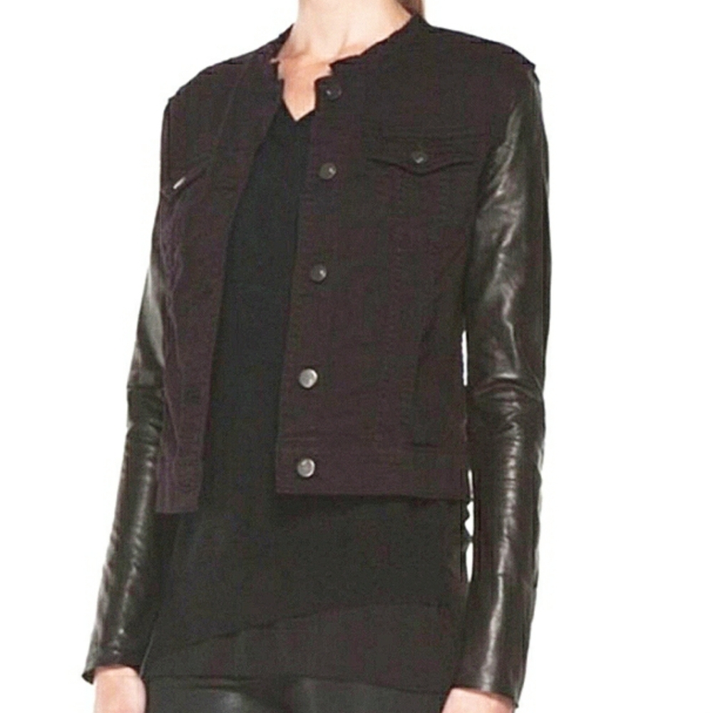 J BRAND Burgundy Denim & Black Leather Jacket • XS • Luxe Minimalist Edge